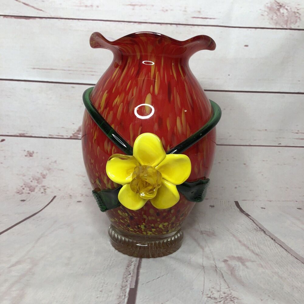 Art Glass‎ Vase Applied Cased Glass Flowers Mottled Hand Blown Ruffled 10" Red